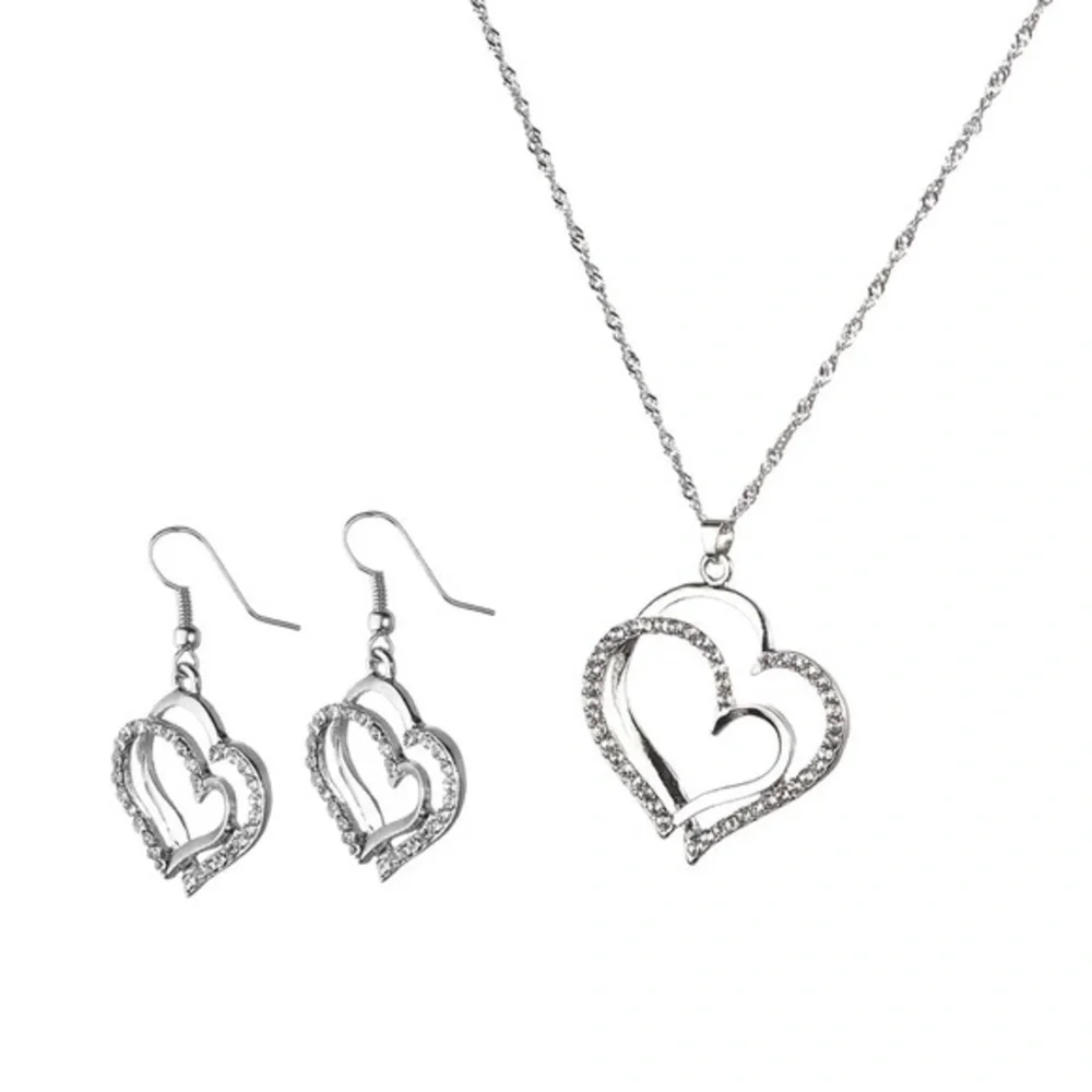 Gold/Silver Double Heart-Shaped Pendant Necklace & Earring set. - Picture 3 of 7